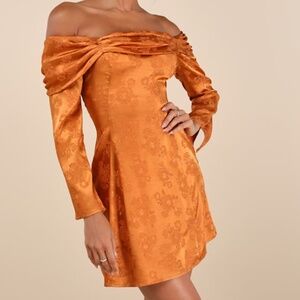 Lulus Truly Yours Copper Satin Jacquard Off-the-shoulder Mini Dress Orange